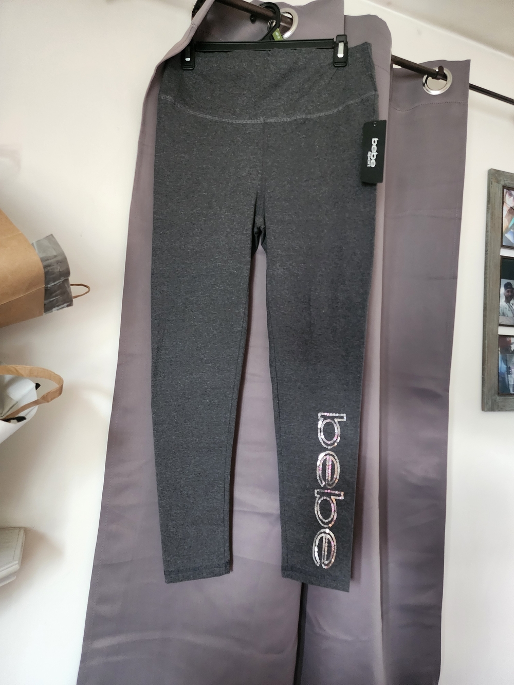 bebe Charcoal Gray Logo Leggings with Side Script